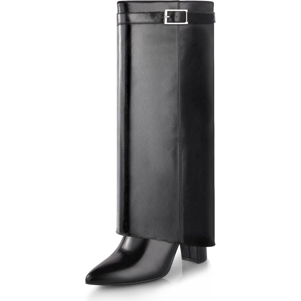 Women's Black Chunky Heels Pointed Toe With Side Zipper Long Tall Boots